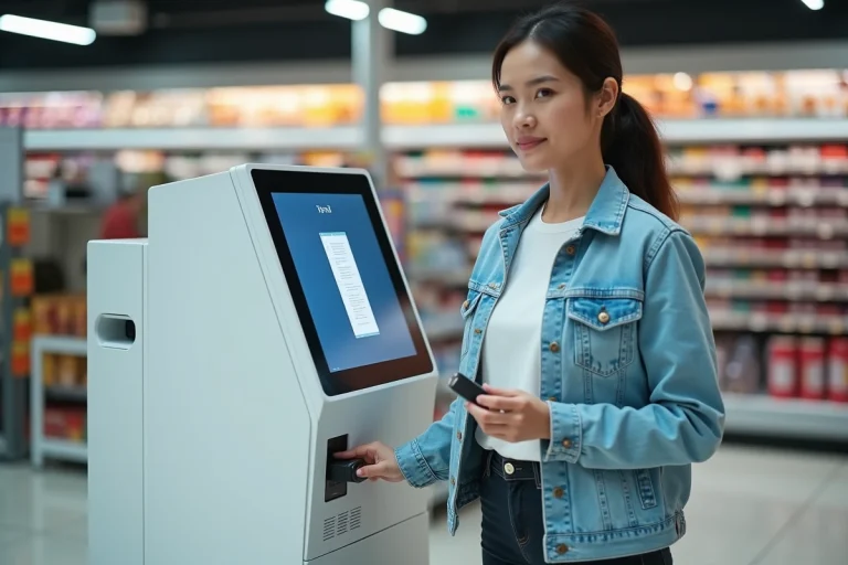 Femme utilisant une borne d'impression en libre-service dans un supermarché Carrefour