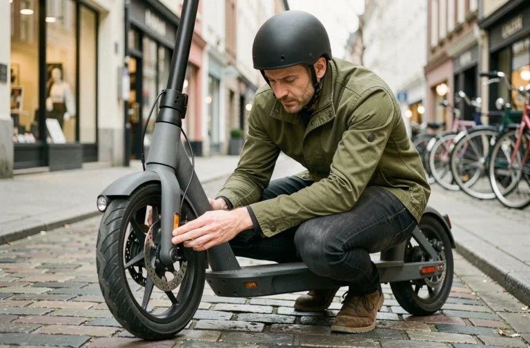 Homme inspectant les freins de sa trottinette électrique sur un trottoir en pavés en milieu urbain