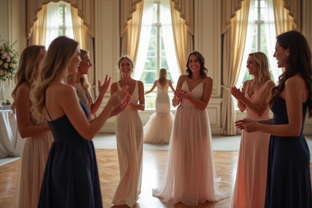 Invités de mariage riant et participant au jeu des 12 mois sur la piste de danse d'un château élégant