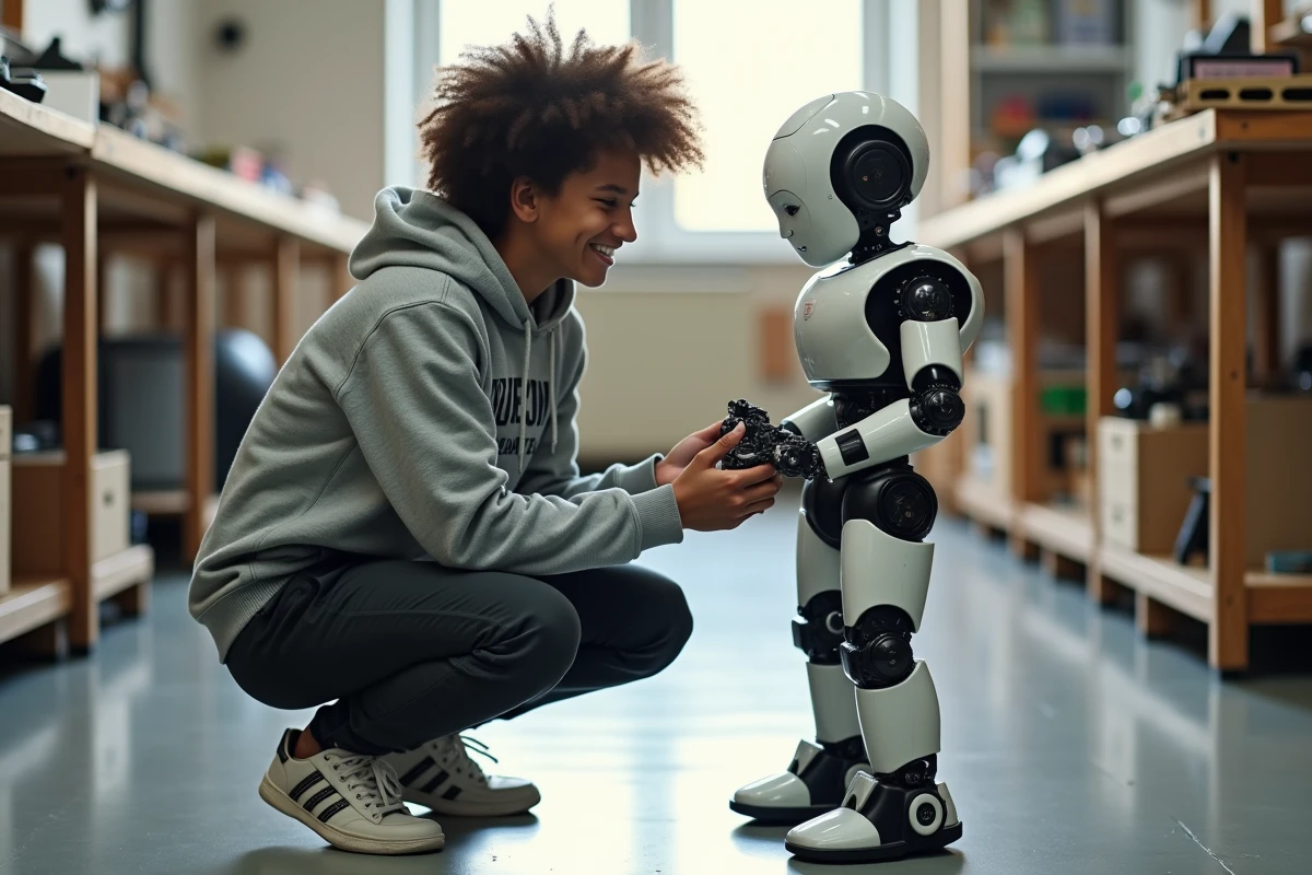 Jeune créateur interagissant avec un robot humanoïde dans un laboratoire d'innovation maker