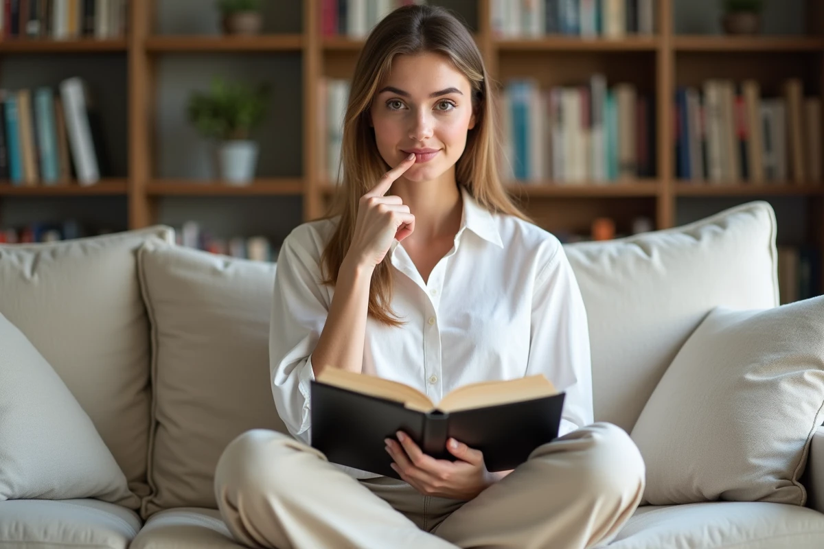 Jeune femme étudiant un manuel de langue française sur un canapé, cherchant à comprendre la différence entre les formes verbales ai et aies