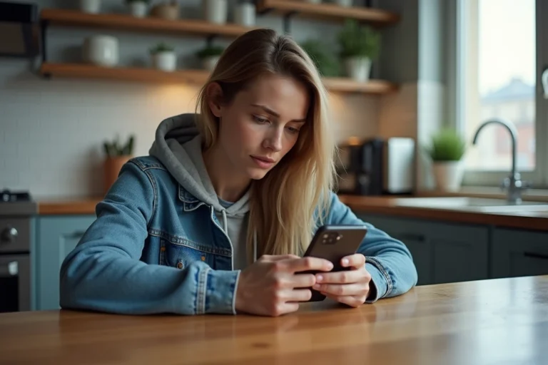 Jeune femme en hoodie regarde son smartphone dans la cuisine
