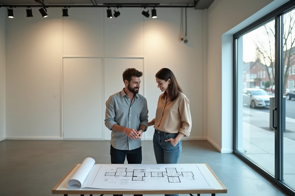 Deux entrepreneurs étudiant les plans d'un local commercial vide pour y installer une micro-crèche selon les termes du bail