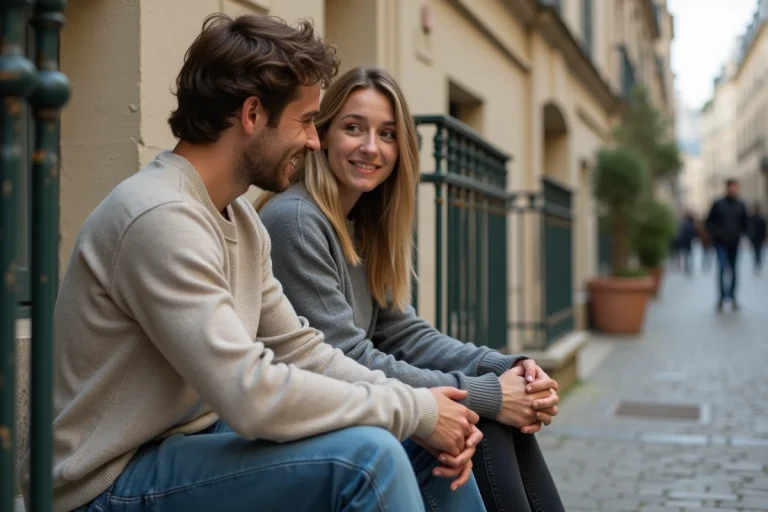 Natacha et Paul Gainsbourg assis sur des marches en pierre à Paris, moment intime et naturel loin des projecteurs
