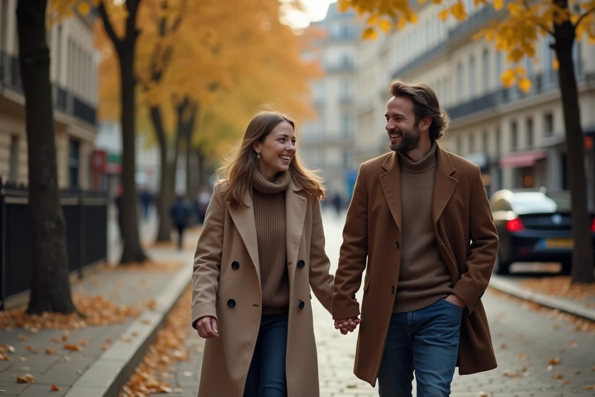 Natacha et Paul Gainsbourg se promenant dans une rue parisienne en automne, photo candide et rare