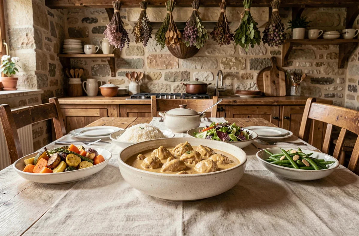 Table rustique avec un poulet à la crème et ses accompagnements savoureux dans une cuisine de campagne française