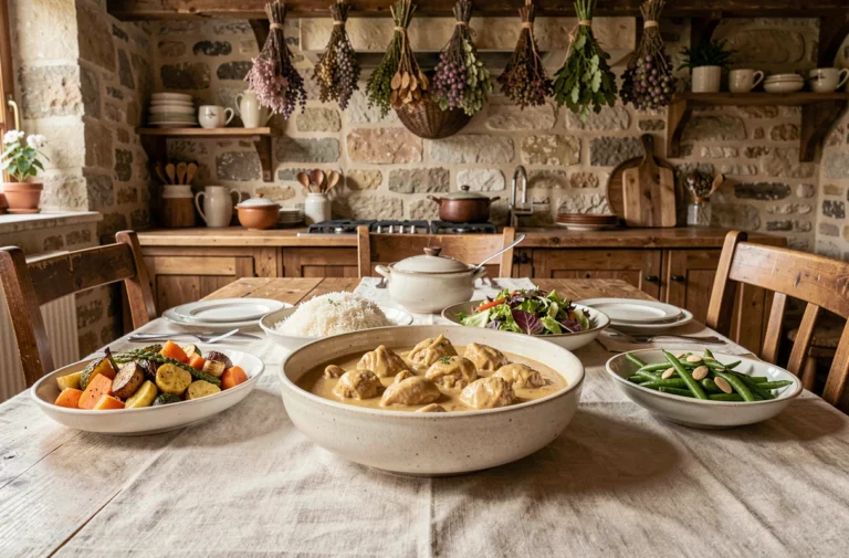 Table rustique avec un poulet à la crème et ses accompagnements savoureux dans une cuisine de campagne française