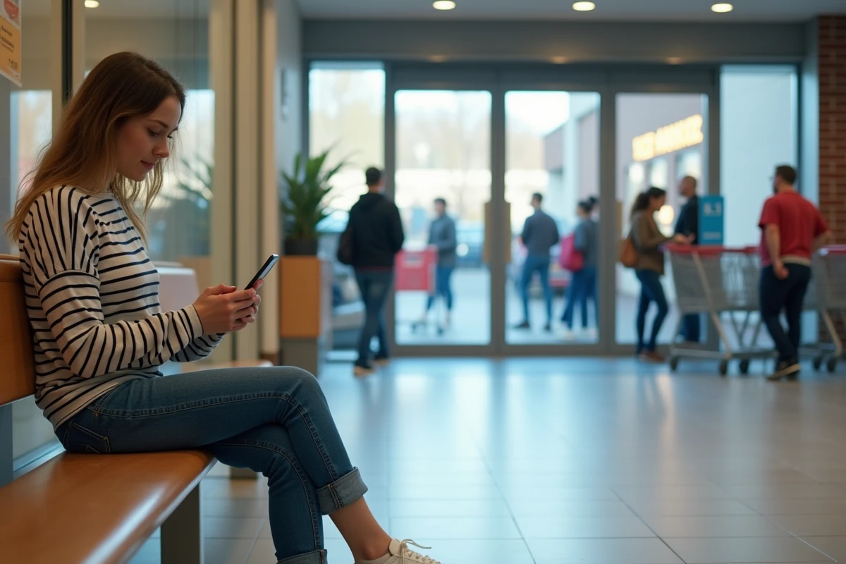 Jeune femme préparant l'envoi d'un document sur smartphone avant impression chez Carrefour