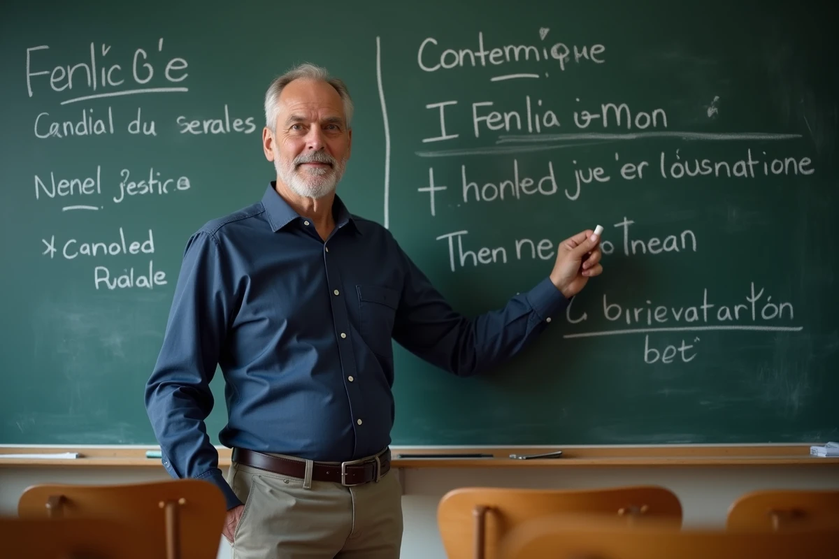 Professeur expliquant des règles de conjugaison française devant un tableau noir rempli de phrases grammaticales, aidant à distinguer indicatif et subjonctif