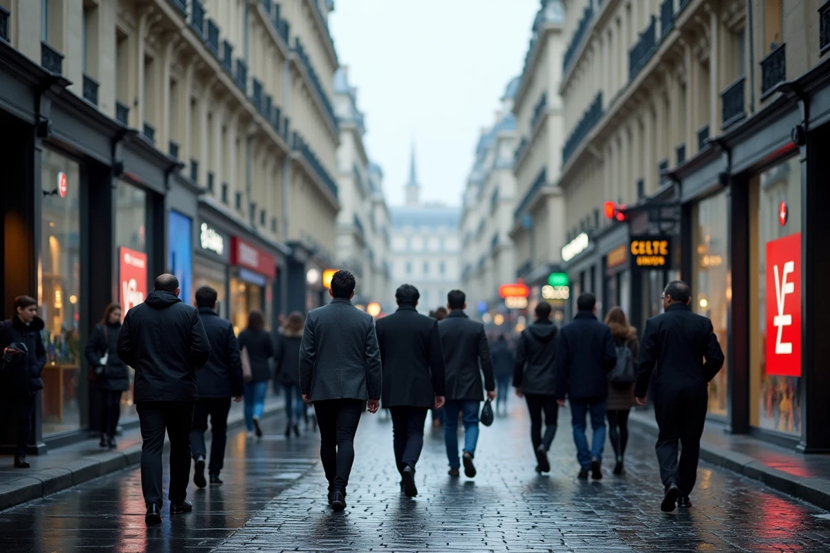 Scène de rue dans le quartier financier parisien avec des professionnels internationaux devant des enseignes bancaires françaises et japonaises