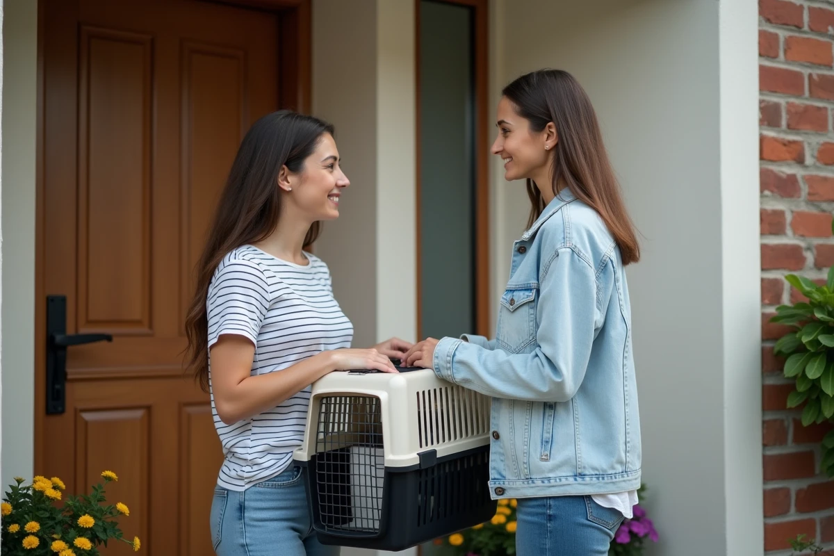 Deux femmes échangeant un chat devant une maison, représentant la remise d'un animal à un pet-sitter gratuit du quartier