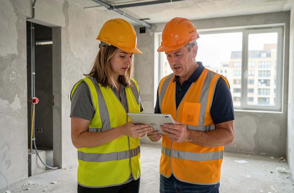 Deux responsables de chantier consultant une tablette numérique dans un appartement en cours de rénovation