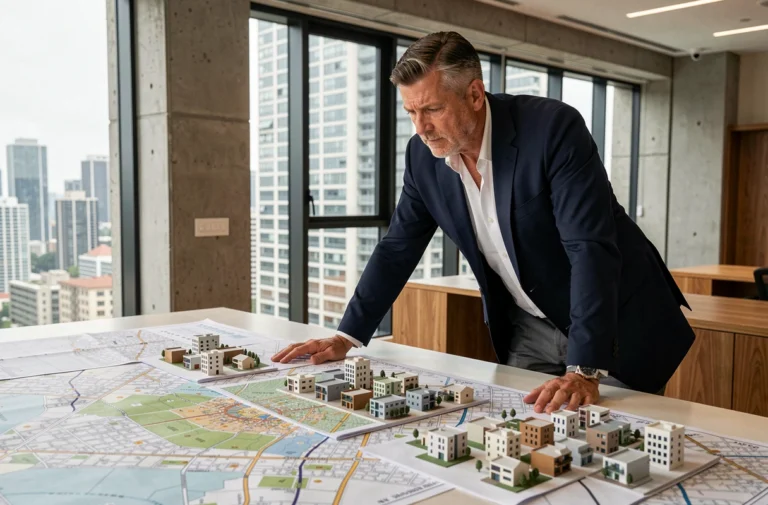 Urbaniste analysant une stratégie immobilière sur une table de plans architecturaux dans un bureau moderne avec vue sur la ville