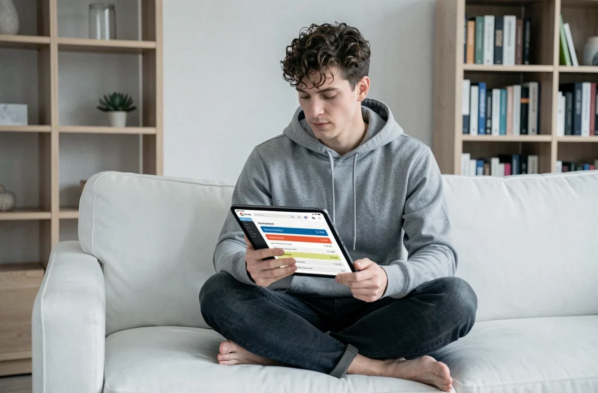 Jeune homme consultant les résultats de recherche Google sur une tablette pour optimiser sa stratégie SEO à domicile