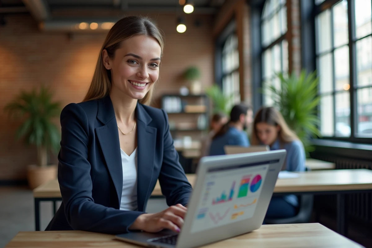 Femme professionnelle à Paris consultant des tendances digitales sur un ordinateur portable dans un espace de co-working moderne