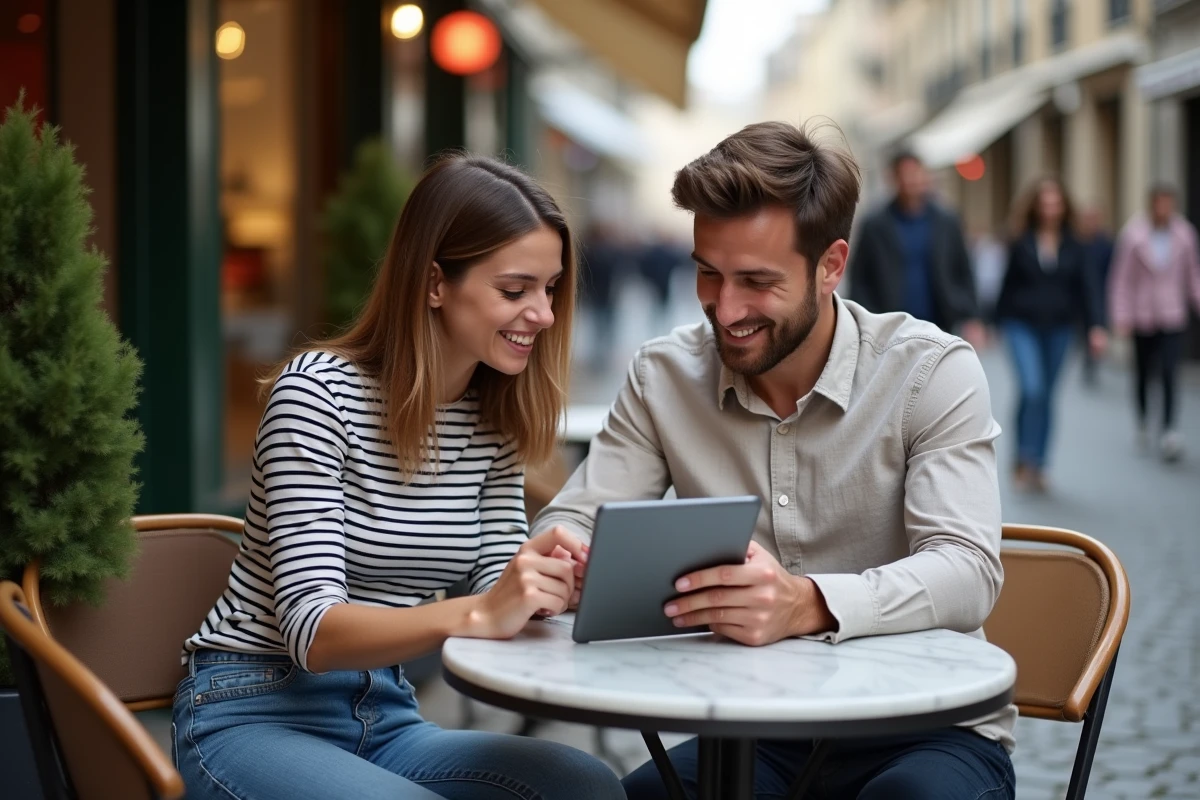 Deux jeunes professionnels français discutant des dernières tendances du web et du digital autour d'une tablette en terrasse de café