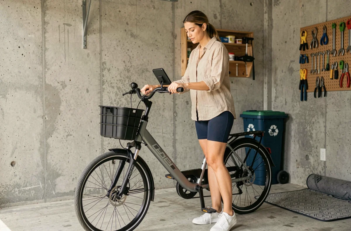 Femme consultant le panneau de contrôle de son vélo électrique cargo dans un garage résidentiel