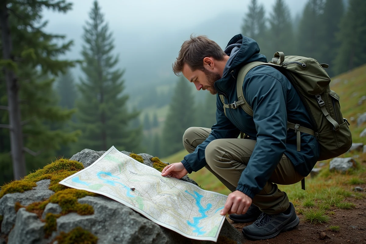 Randonneur consultant une carte topographique dans une forêt nordique lors d'un séjour aventure thématique en pleine nature