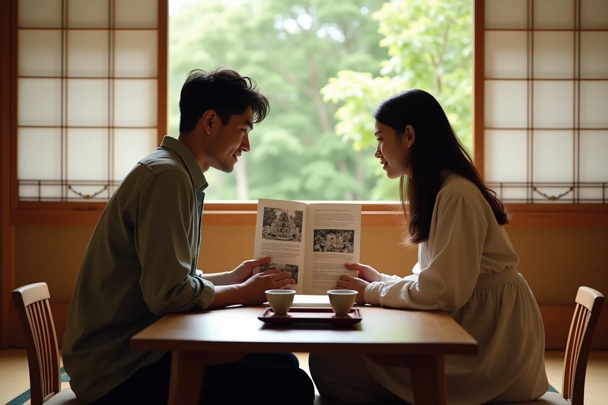 Couple planifiant un séjour thématique culturel dans un ryokan japonais traditionnel avec un carnet d'itinéraire artisanal