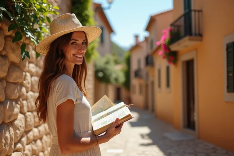 Femme explorant une ruelle pavée d'un village méditerranéen avec un carnet de voyage et une carte, ambiance authentique de voyage thématique en Europe